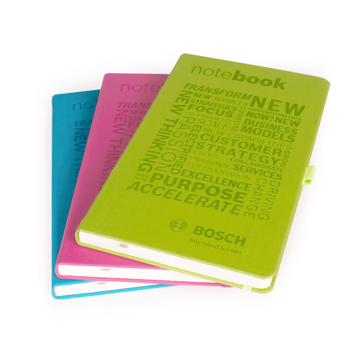 3 Bosch Notizbücher in den Farben blau, pink und grün