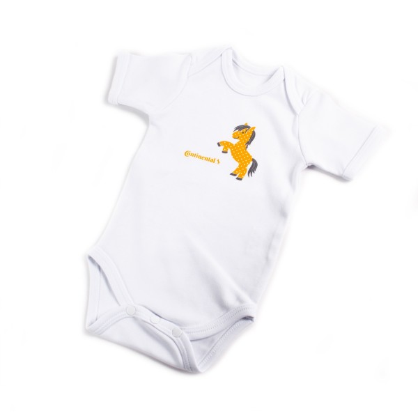 Helloranges Continental Logo und Pony Motiv auf einem Babybody in weiß